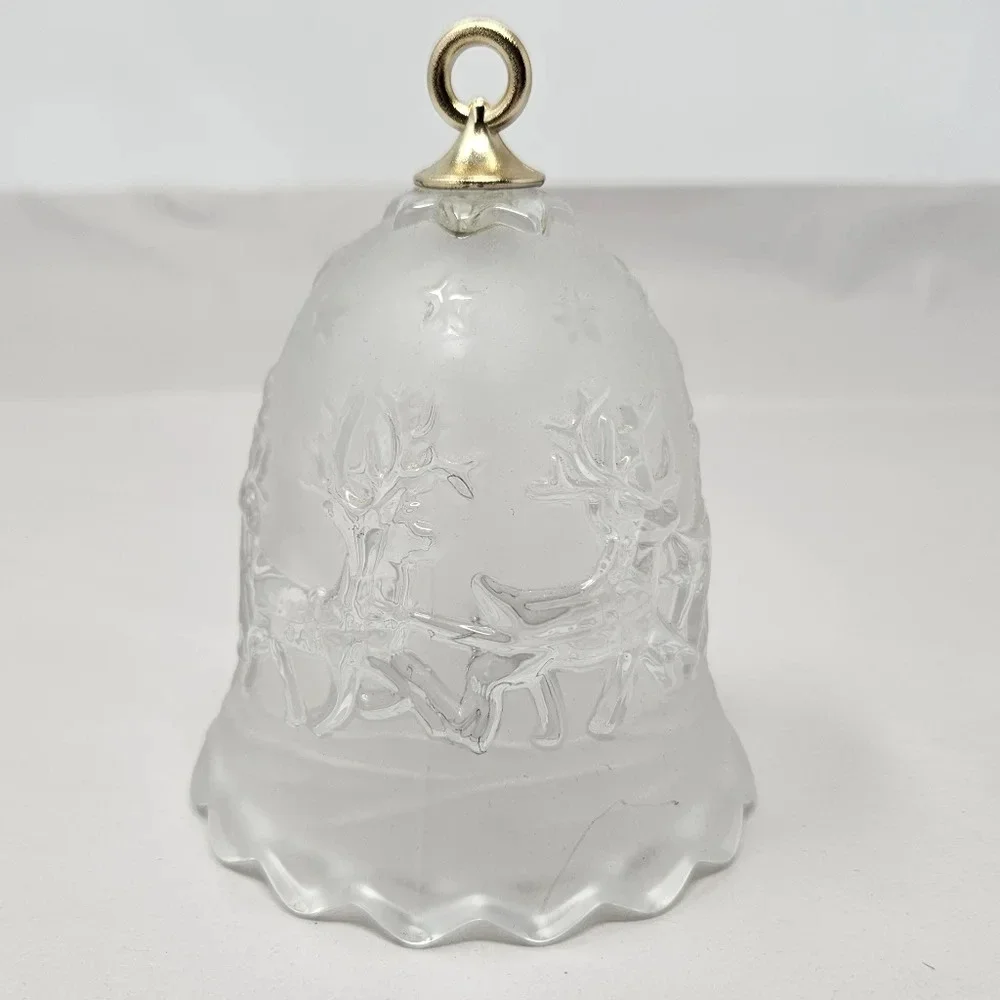 Vtg Mikasa Christmas Frosted Glass Holiday Bell Santa, Reindeer & Sled Gift